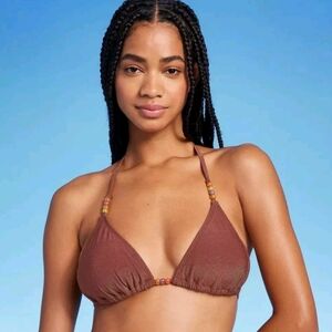 Wild Fable Women's Brown Beaded Triangle Bikini Halter Top Size Medium EUC
